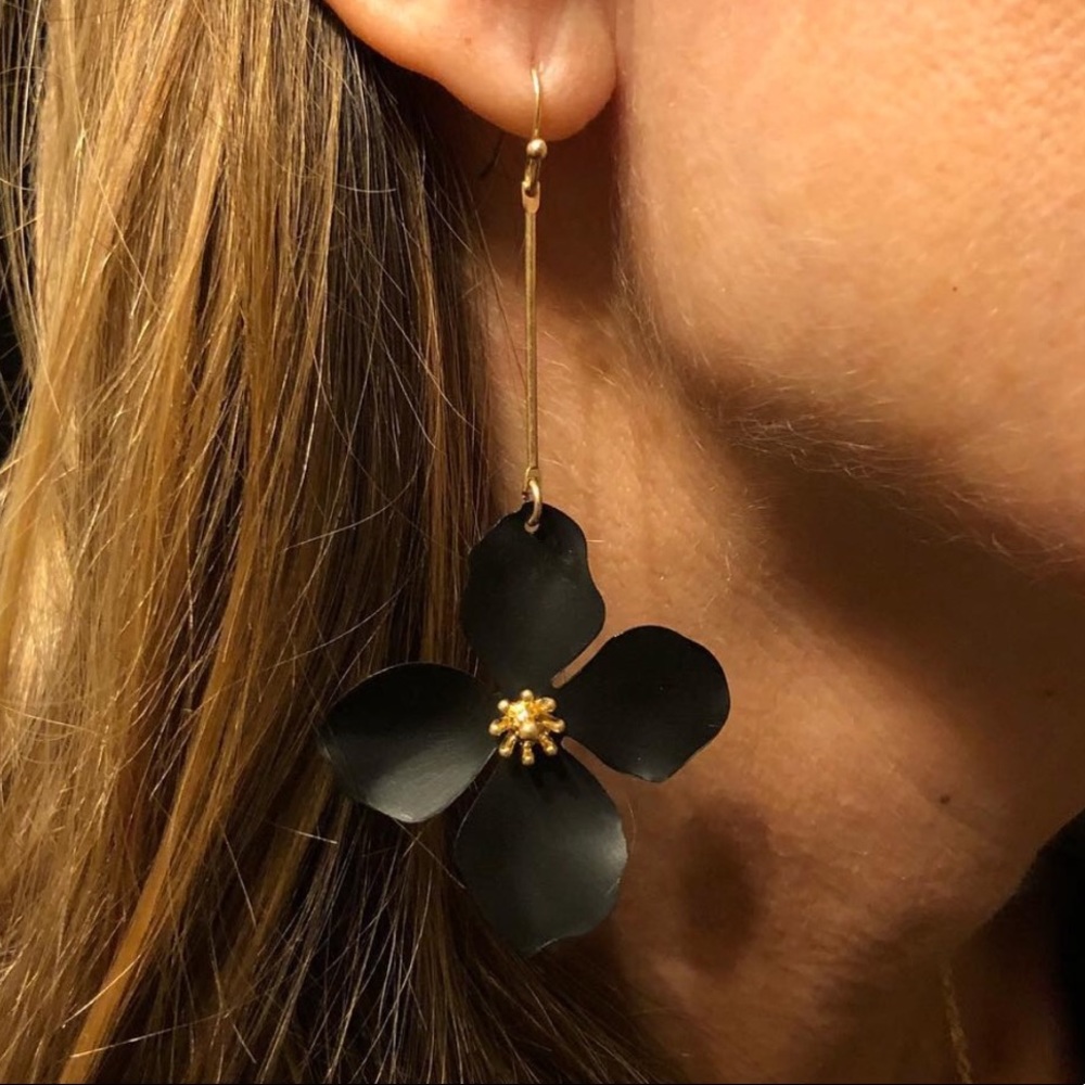 Black and gold hanging flower earrings